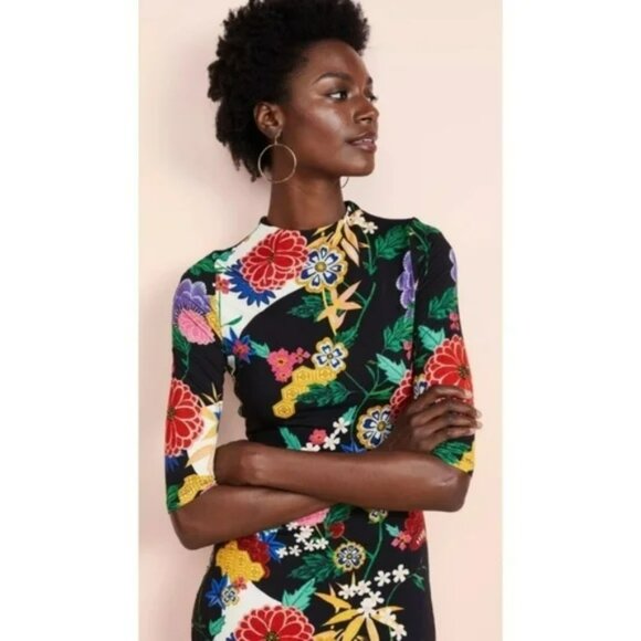 Alice + Olivia Delora Mock Neck Fitted Dress Valley Lake Floral Black. SZ 8 - Picture 5 of 7